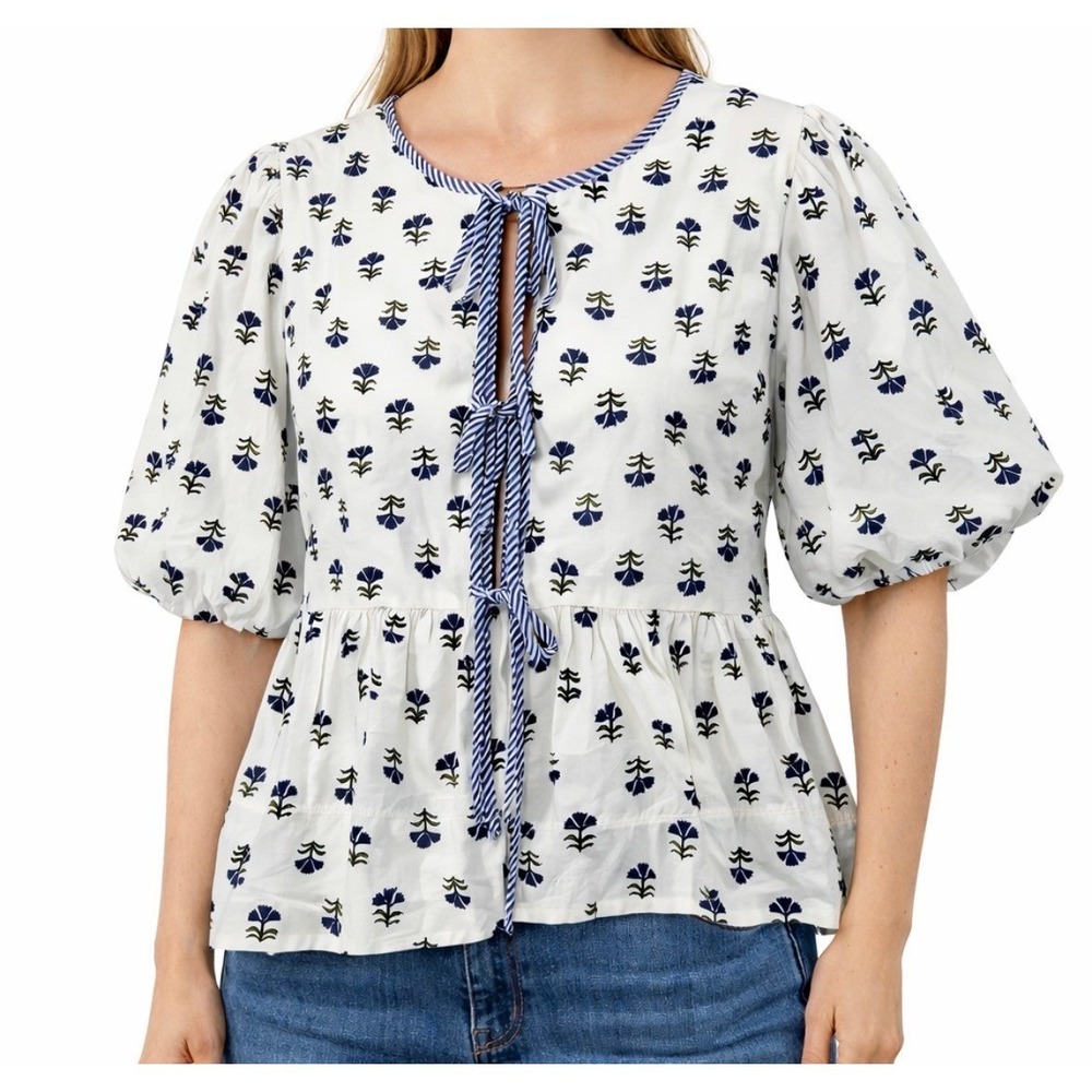 &Merci Puff Sleeve Peplum Blouse Women's Size‎ L Blue Boho Floral Print Tie Neck
